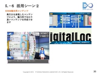5.-６ 活用シーン２
KIOSK端末用コンテンツ
奥行きを表現したコンテン
ツにより、魅力的で分かり
易いコンテンツを作成でき
ます




          Copyright © 2012   IT DORAKU RESEARCH LABORATORY LTD. All Rights Reserved.   30
 