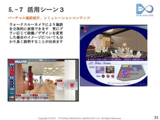 5.-７ 活用シーン３
バーチャル施設紹介、シミュレーションコンテンツ
ウォークスルーカメラにより施設
を立体的に表現できます 更にプ
ラン応じて設備／デザインを変更
した場合のイメージについても分
かり易く説明することが出来ます




        Copyright © 2012   IT DORAKU RESEARCH LABORATORY LTD. All Rights Reserved.   31
 