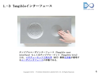 1.-３ Tangibleインターフェース




      タンジブルユーザインターフェース（Tangible user
      interface）もしくはタンジブル・ビット（Tangible bits）
      とは、マサチューセッツ工科大学（MIT）教授石井裕が提唱す
      るユーザインタフェースの形態である。




        Copyright © 2012   IT DORAKU RESEARCH LABORATORY LTD. All Rights Reserved.   6
 