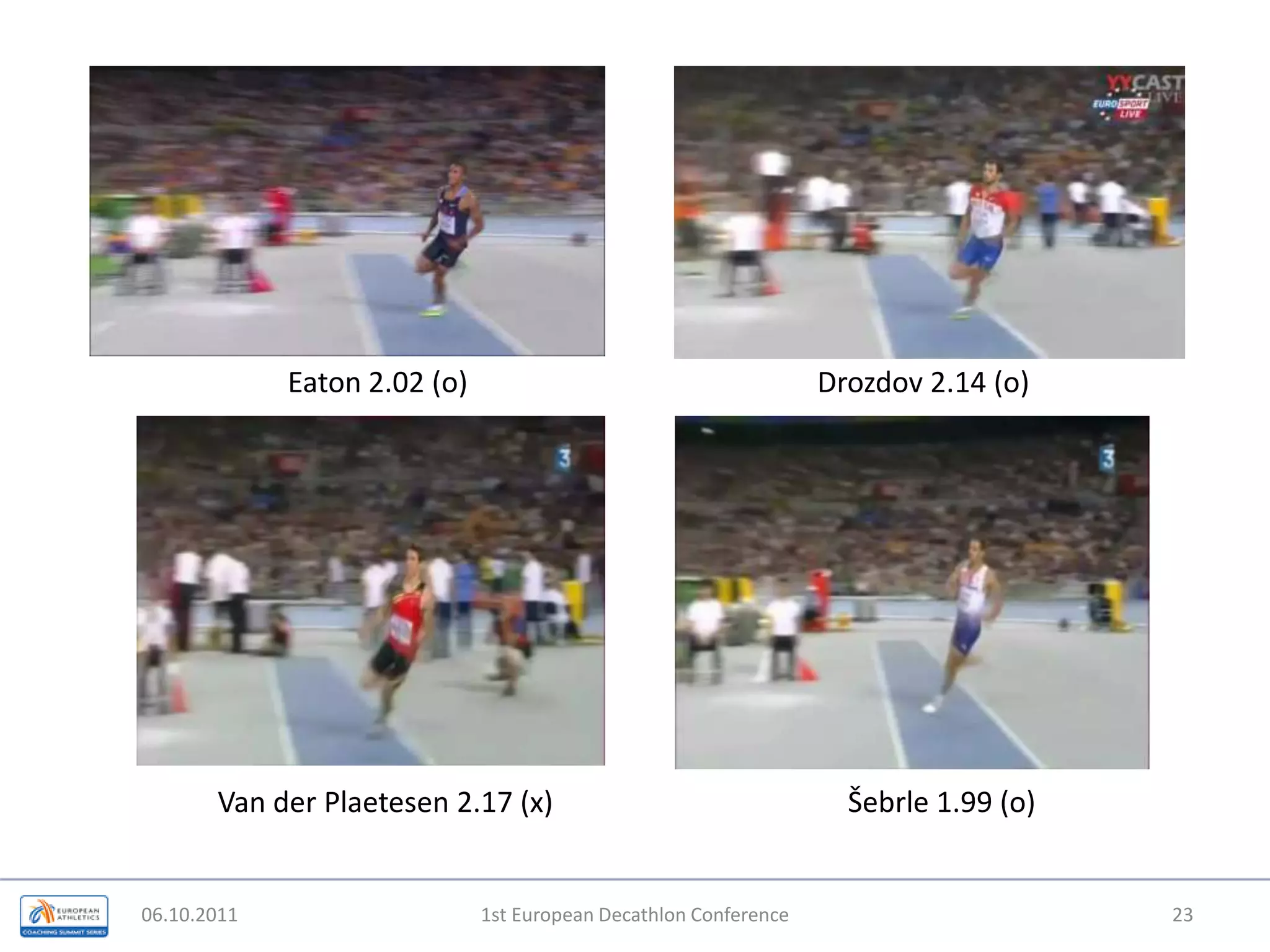 06.10.20111st European Decathlon Conference23Drozdov 2.14 (o)Eaton 2.02 (o)Šebrle 1.99 (o)Van der Plaetesen 2.17 (x)