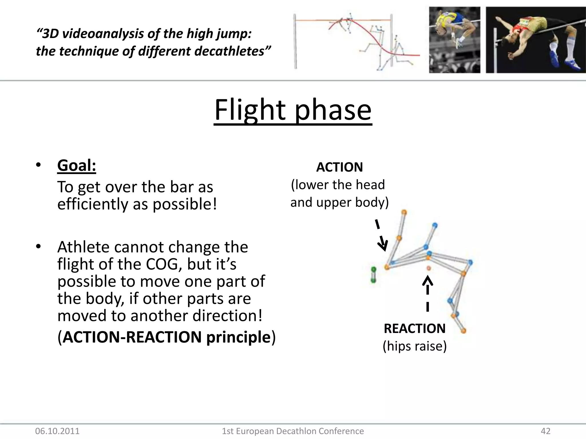 Flight phaseGoal:	To get over the bar as efficiently as possible!Athlete cannot change the flight of the COG, but it’s possible to move one part of the body, if other parts are moved to another direction!	(ACTION-REACTION principle) 06.10.20111st European Decathlon Conference42ACTION(lower the head and upper body)REACTION(hips raise)