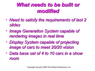 What needs to be built or modified ,[object Object],[object Object],[object Object],[object Object],Copyright January 2006 The Perfect Warehouse, Inc. 