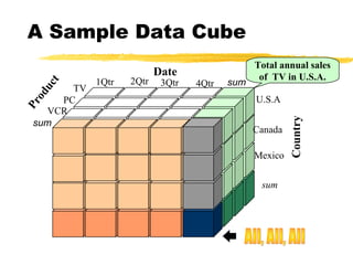 TV
PC
VCR
sum

1Qtr

2Qtr

Date

3Qtr

4Qtr

sum

Total annual sales
of TV in U.S.A.
U.S.A
Canada
Mexico
sum

Country

Pr
od
uc
t

A Sample Data Cube

 