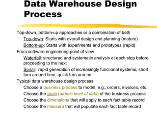 Data Warehouse Design
Process
Top-down, bottom-up approaches or a combination of both
Top-down: Starts with overall design and planning (mature)
Bottom-up: Starts with experiments and prototypes (rapid)
From software engineering point of view
Waterfall: structured and systematic analysis at each step before
proceeding to the next
Spiral: rapid generation of increasingly functional systems, short
turn around time, quick turn around
Typical data warehouse design process
Choose a business process to model, e.g., orders, invoices, etc.
Choose the grain (atomic level of data) of the business process
Choose the dimensions that will apply to each fact table record
Choose the measure that will populate each fact table record

 