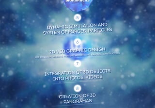 DYNAMIC SIMULATION AND 
SYSTEM OF FORCES, PARTICLES 
2D  3D GRAPHIC DESIGN 
FOR EXCLUSIVE WEBSITE, PRINTING, ADVERTISING, GAMING, CONSTRUCTION 
INTEGRATION OF 3D OBJECTS 
INTO PHOTOS, VIDEOS 
CREATION OF 3D 
PANORAMAS 
 