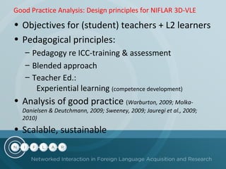 Good Practice Analysis: Design principles for NIFLAR 3D-VLE

• Objectives for (student) teachers + L2 learners
• Pedagogical principles:
– Pedagogy re ICC-training & assessment
– Blended approach
– Teacher Ed.:
Experiential learning (competence development)

• Analysis of good practice (Warburton, 2009; Molka-

Danielsen & Deutchmann, 2009; Sweeney, 2009; Jauregi et al., 2009;
2010)

• Scalable, sustainable

 