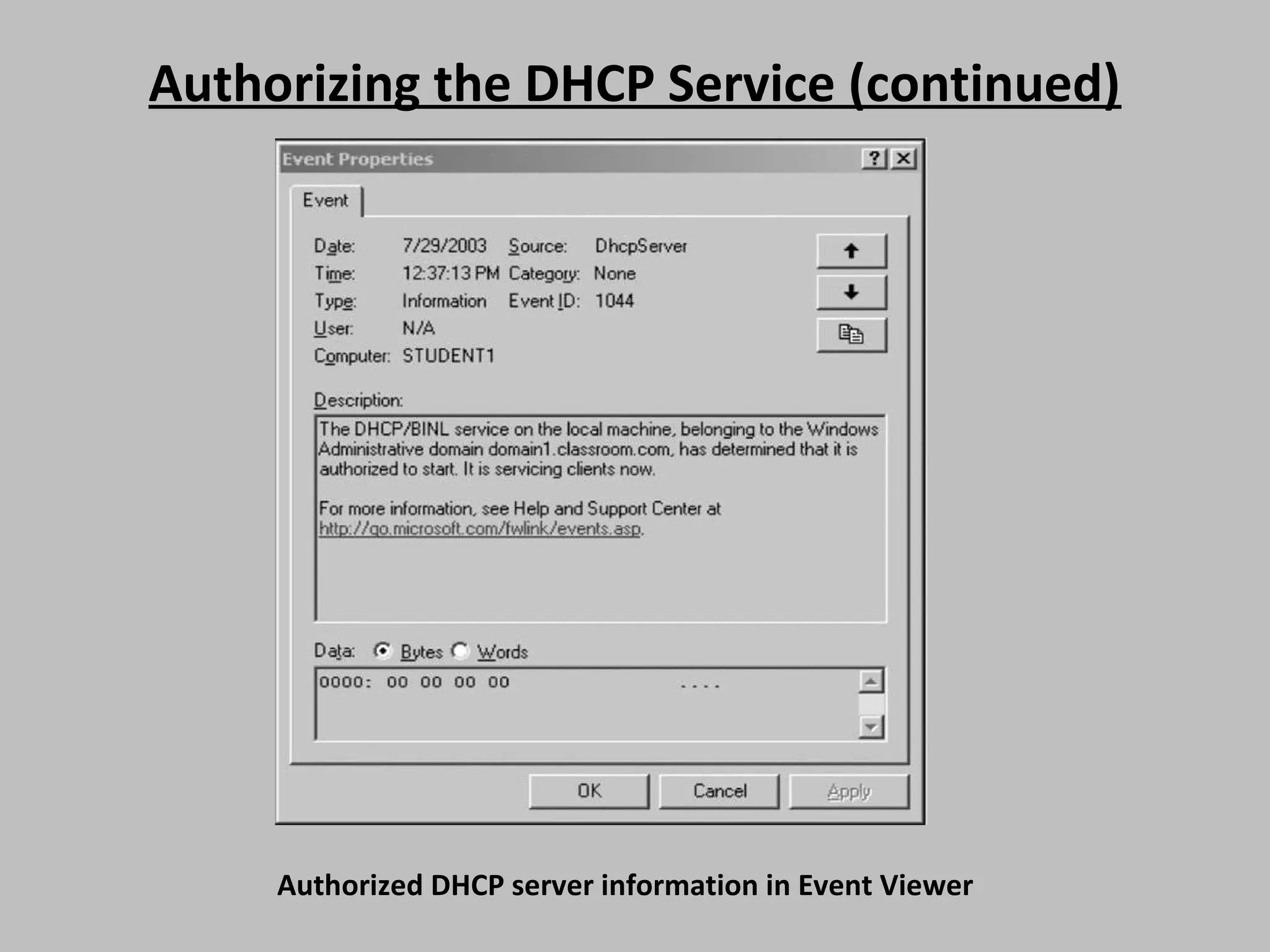 Authorizing the DHCP Service (continued) Authorized DHCP server information in Event Viewer 