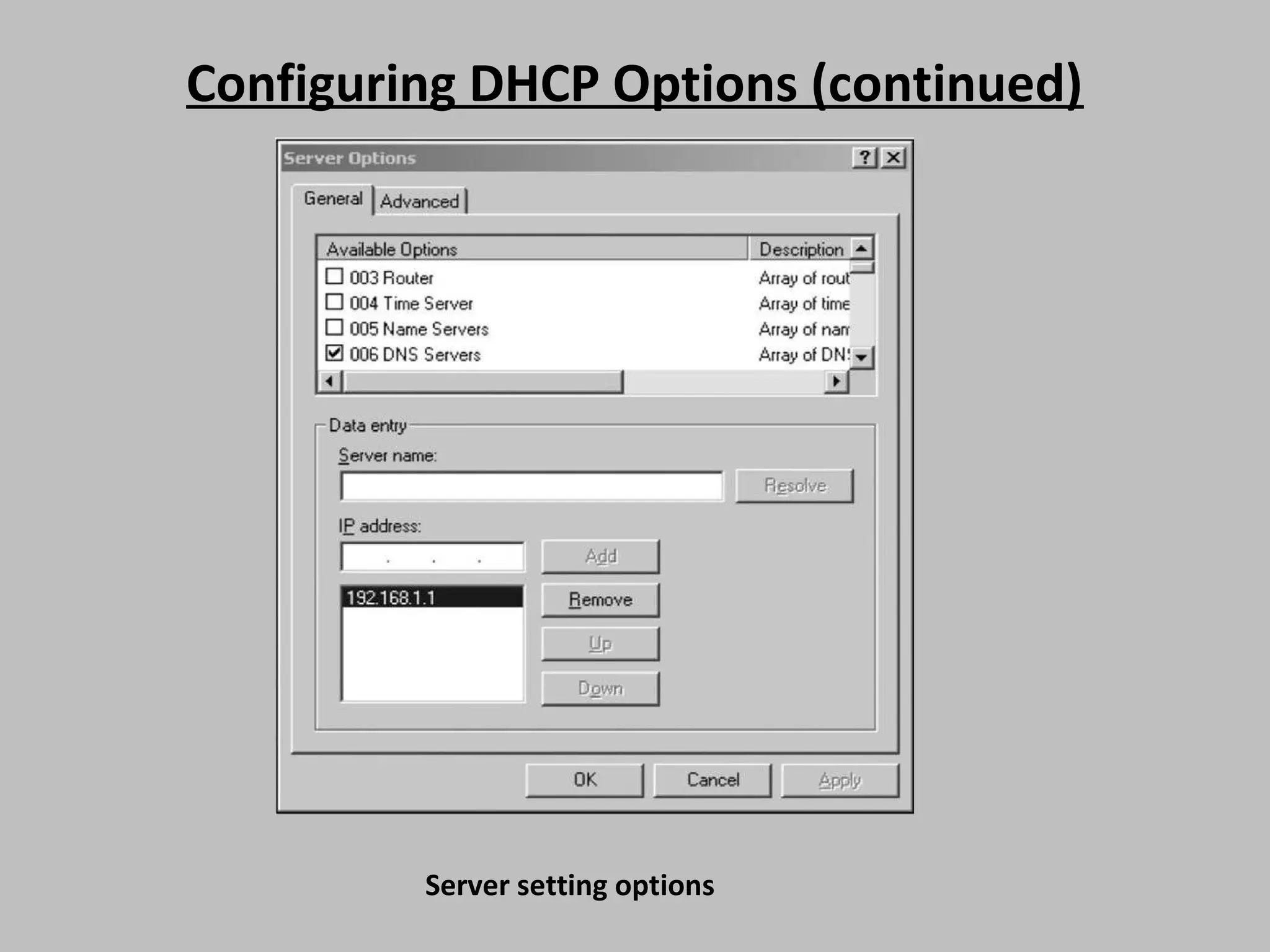 Configuring DHCP Options (continued) Server setting options 