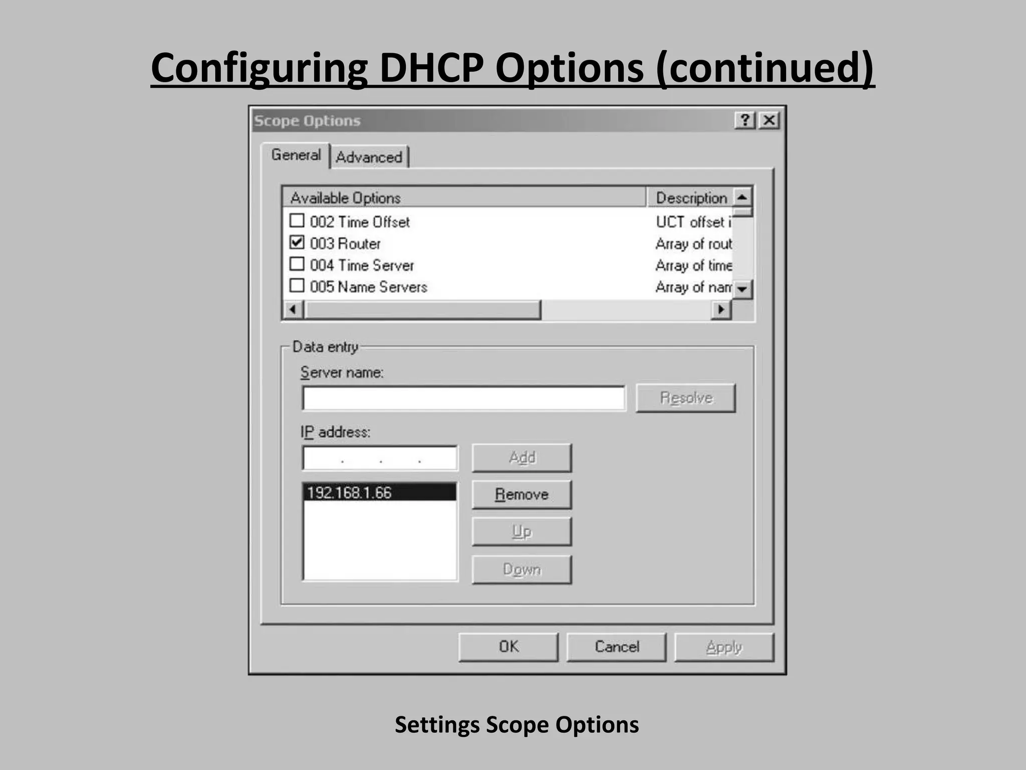 Configuring DHCP Options (continued) Settings Scope Options 