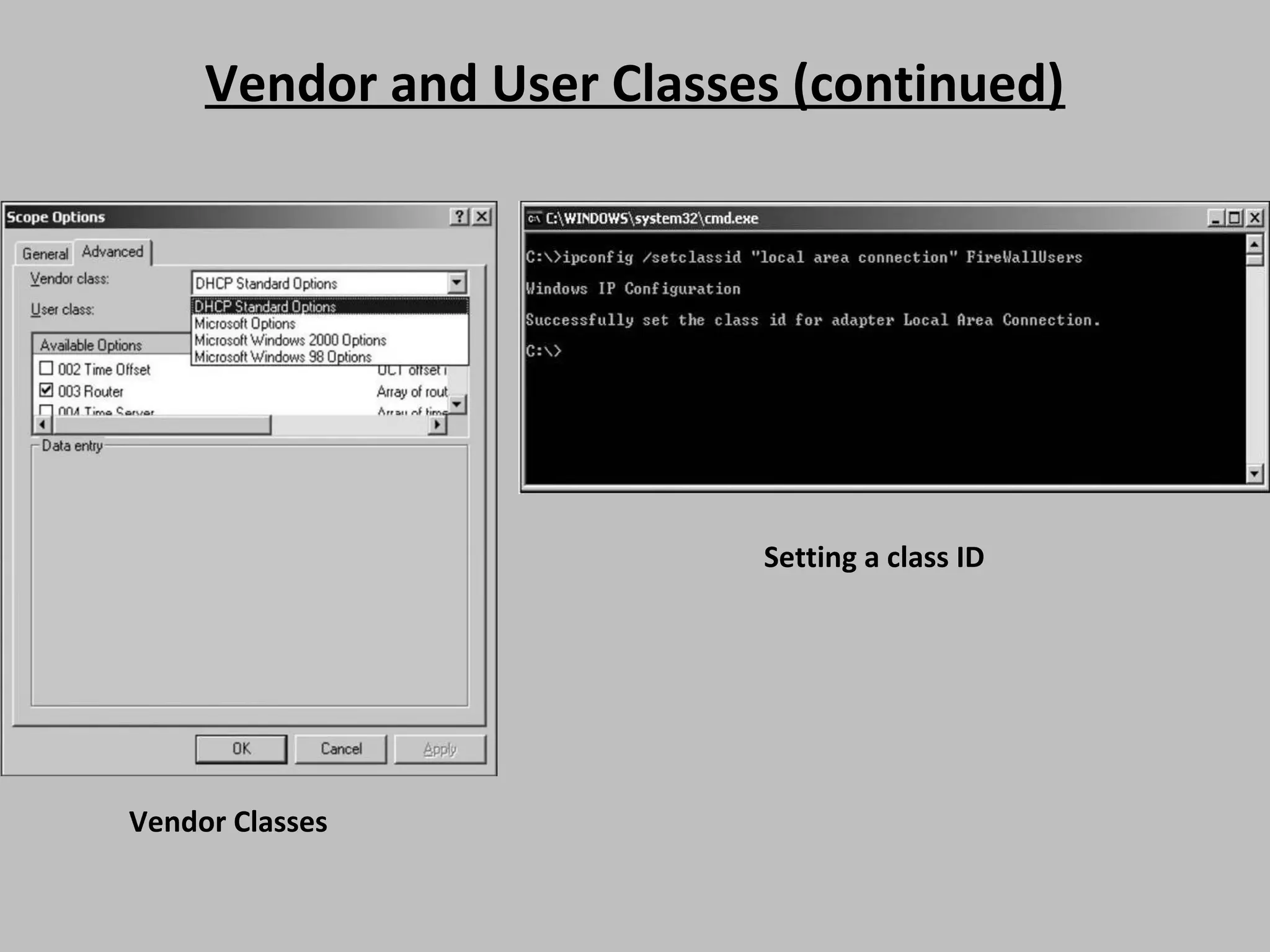 Vendor and User Classes (continued) Setting a class ID Vendor Classes 