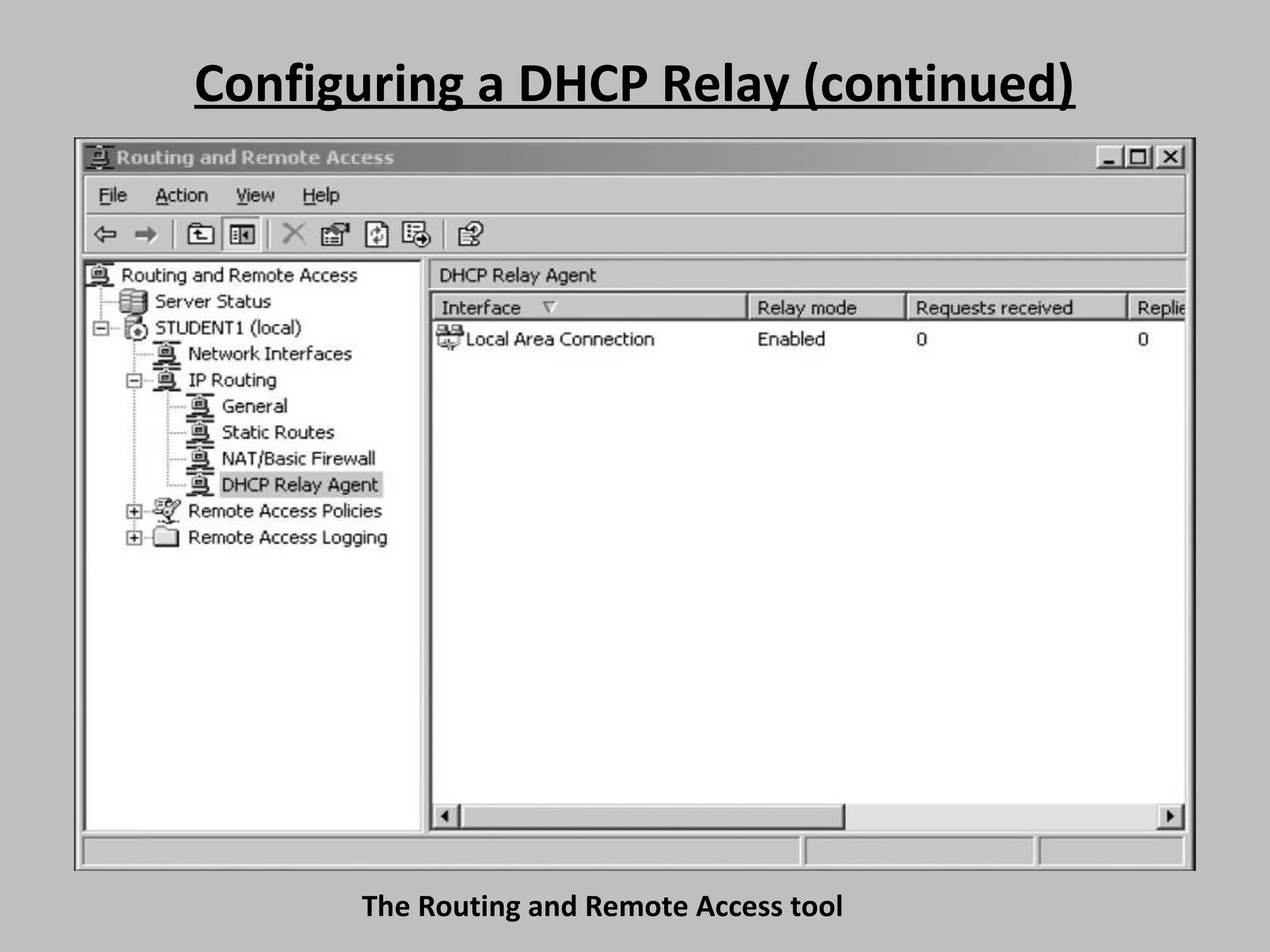 Configuring a DHCP Relay (continued) The Routing and Remote Access tool 