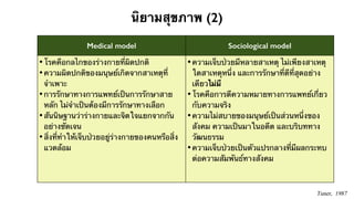 นิยามสุขภาพ (2) 
Medical model Sociological model 
• โรคคือกลไกของร่างกายที่ผิดปกติ 
•ความผิดปกติของมนุษย์เกิดจากสาเหตุที่ 
จำเพาะ 
• การรักษาทางการแพทย์เป็นการรักษาสาย 
หลัก ไม่จำเป็นต้องมีการรักษาทางเลือก 
• สันนิษฐานว่าร่างกายและจิตใจแยกจากกัน 
อย่างชัดเจน 
• สิ่งที่ทำให้เจ็บป่วยอยู่ร่างกายของคนหรือสิ่ง 
แวดล้อม 
• ความเจ็บป่วยมีหลายสาเหตุ ไม่เพียงสาเหตุ 
ใดสาเหตุหนึ่ง และการรักษาที่ดีที่สุดอย่าง 
เดียวไม่มี 
• โรคคือการตีความหมายทางการแพทย์เกี่ยว 
กับความจริง 
• ความไม่สบายของมนุษย์เป็นส่วนหนึ่งของ 
สังคม ความเป็นมาในอดีต และบริบททาง 
วัฒนธรรม 
•ความเจ็บป่วยเป็นตัวแปรกลางที่มีผลกระทบ 
ต่อความสัมพันธ์ทางสังคม 
Tuner, 1987 
 