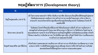 ทฤษฎีพัฒนาการ (Development theory) 
วัย ภาระ 
วัยผู้ใหญ่ตอนต้น (18-35 ปี) 
เข้าใจความหมายของคำว่าชีวิต เริ่มต้นงานอาชีพ เลือกและเรียนรู้ที่จะมีชีวิตอยู่กับคู่สมรส 
เริ่มต้นตอบสนองความต้องการทางด้านร่างกาย และจิตใจของบุตร บริหาร-จัดการ 
ครอบครัว พบปะสังสรรค์กับกลุ่มเพื่อนหรือกลุ่มสังคมที่ถูกคอกัน รับผิดชอบในหน้าที่ 
พลเมืองที่ดี 
วัยกลางคน (36-60 ปี) 
รับผิดชอบในหน้าที่พลเมืองที่ดีและหน้าที่ต่อสังคมอย่างเต็มที่ สร้างความมั่นคงทาง 
เศรษฐกิจสำหรับครอบครัวในอนาคต มีกิจกรรมการใช้เวลาว่างให้เป็นประโยชน์ ขยาย 
ขอบเขตของความสนใจ ช่วยให้วัยรุ่นกลายเป็นผู้ใหญ่ที่มีความรับผิดชอบและมีสุข ปรับตัว 
ให้เหมาะสมกับการเป็นบิดามารดาในวัยที่มีอายุมากขึ้น ปรับตัวให้เข้ากับการเปลี่ยนแปลง 
ทางด้านร่างกายของคนในวัยนี้ 
วัยสุดท้ายของชีวิต (60 ปีขึ้นไป) 
ปรับตัวต่อการลดลงของความแข็งแรงทางด้านร่างกาย ปรับตัวต่อการเกษียณอายุ การลด 
ลงของรายได้ การเสียชีวิตของคู่สมรสและเพื่อนฝูง มีบทบาทที่จำกัดในด้านความรับผิด 
ชอบต่อสังคมทั้งนี้ขึ้นอยู่กับความสามารถของแต่ละบุคคล 
 