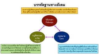 บรรทัดฐานทางสังคม 
แนวทางปฏิบัติของบุคคลในสังคมซึ่งปฏิบัติตามความเคยชิน และเป็นที่ยอมรับของ 
สังคม ผู้ที่ละเลยไม่ปฏิบัติตามจะได้รับการติเตียน เยาะเย้ย ถากถาง หรือการนินทา 
วิถีประชา 
Folkways 
กฎศีลธรรม/ 
จารีต 
Morals 
กฎหมาย 
Laws 
ระเบียบ แบบแผนที่สมาชิกในสังคมปฏิบัติโดยเคร่งครัด มี 
ความสำคัญมากกว่าวิถีประชา หากผู้ใดฝ่าฝืนจะได้รับการ 
ประนามอย่างรุนแรง มักเป็นข้อห้าม ข้อบังคับ มีเรื่องราวของ 
ความผิดชอบชั่วดีมาเกี่ยวข้อง 
กฎเกณฑ์หรือข้อบังคับที่รัฐบัญญัติขึ้นเป็นลายลักษณ์อักษร 
โดยองค์การทางการเมืองการปกครอง และได้รับการรับรอง 
จากองค์การของรัฐ เพื่อควบคุมพฤติกรรมของคนในสังคม 
 