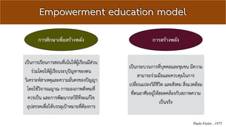 Empowerment education model 
การศึกษาเพื่อสร้างพลัง การสร้างพลัง 
Paulo Freire , 1975 
เป็นการเรียนการสอนที่เน้นให้ผู้เรียนมีส่วน 
ร่วมโดยให้ผู้เรียนระบุปัญหาของตน 
วิเคราะห์สาเหตุและความมั่นคงของปัญญา 
โดยใช้วิจารณญาณ การมองภาพสังคมที่ 
ควรเป็น และการพัฒนากลวิธีที่จะแก้ไข 
อุปสรรคเพื่อให้บรรลุเป้าหมายที่ต้องการ 
เป็นกระบวนการที่บุคคลและชุมชน มีความ 
สามารถร่วมมือและควบคุมในการ 
เปลี่ยนแปลงวิถีชีวิต และสังคม สิ่งแวดล้อม 
ที่ตนอาศัยอยู่ให้สอดคล้องกับสภาพความ 
เป็นจริง 
 