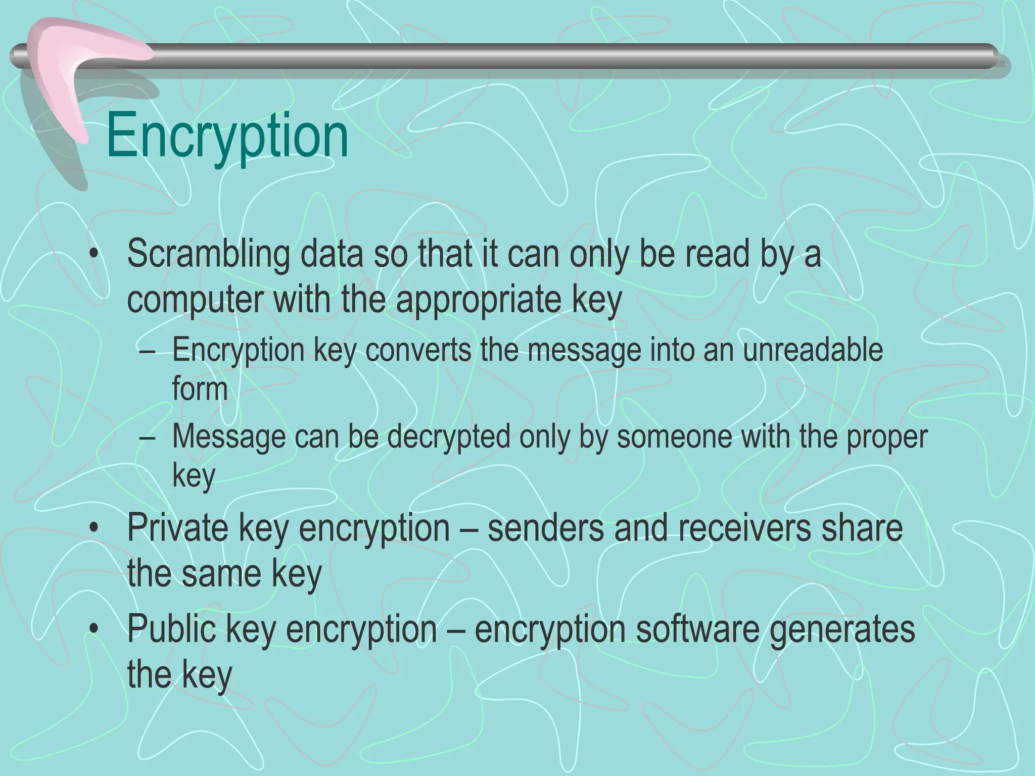 Encryption Scrambling data so that it can only be read by a computer with the appropriate key Encryption key converts the message into an unreadable form Message can be decrypted only by someone with the proper key Private key encryption – senders and receivers share the same key Public key encryption – encryption software generates the key 
