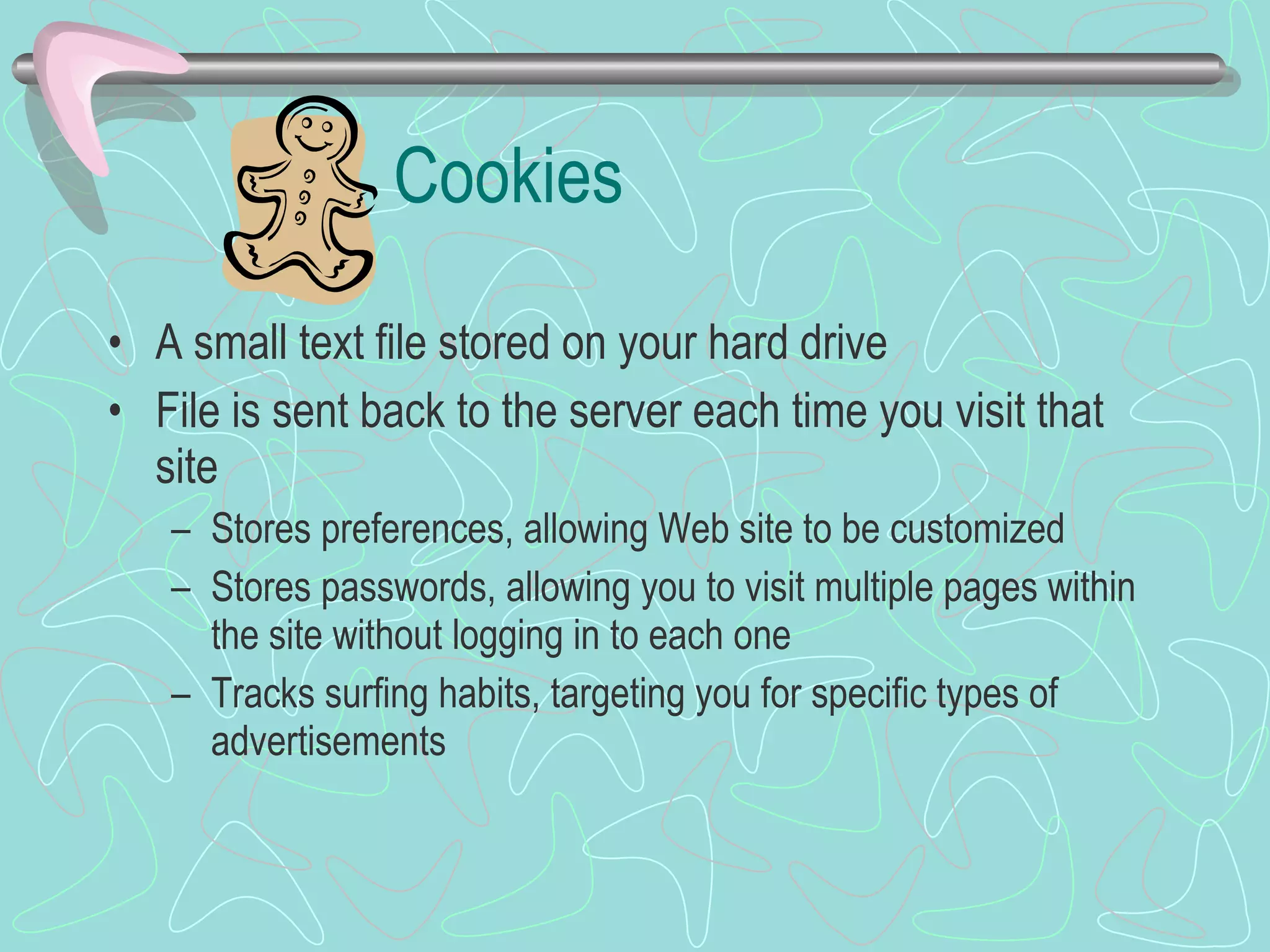 Cookies A small text file stored on your hard drive File is sent back to the server each time you visit that site Stores preferences, allowing Web site to be customized Stores passwords, allowing you to visit multiple pages within the site without logging in to each one Tracks surfing habits, targeting you for specific types of advertisements 
