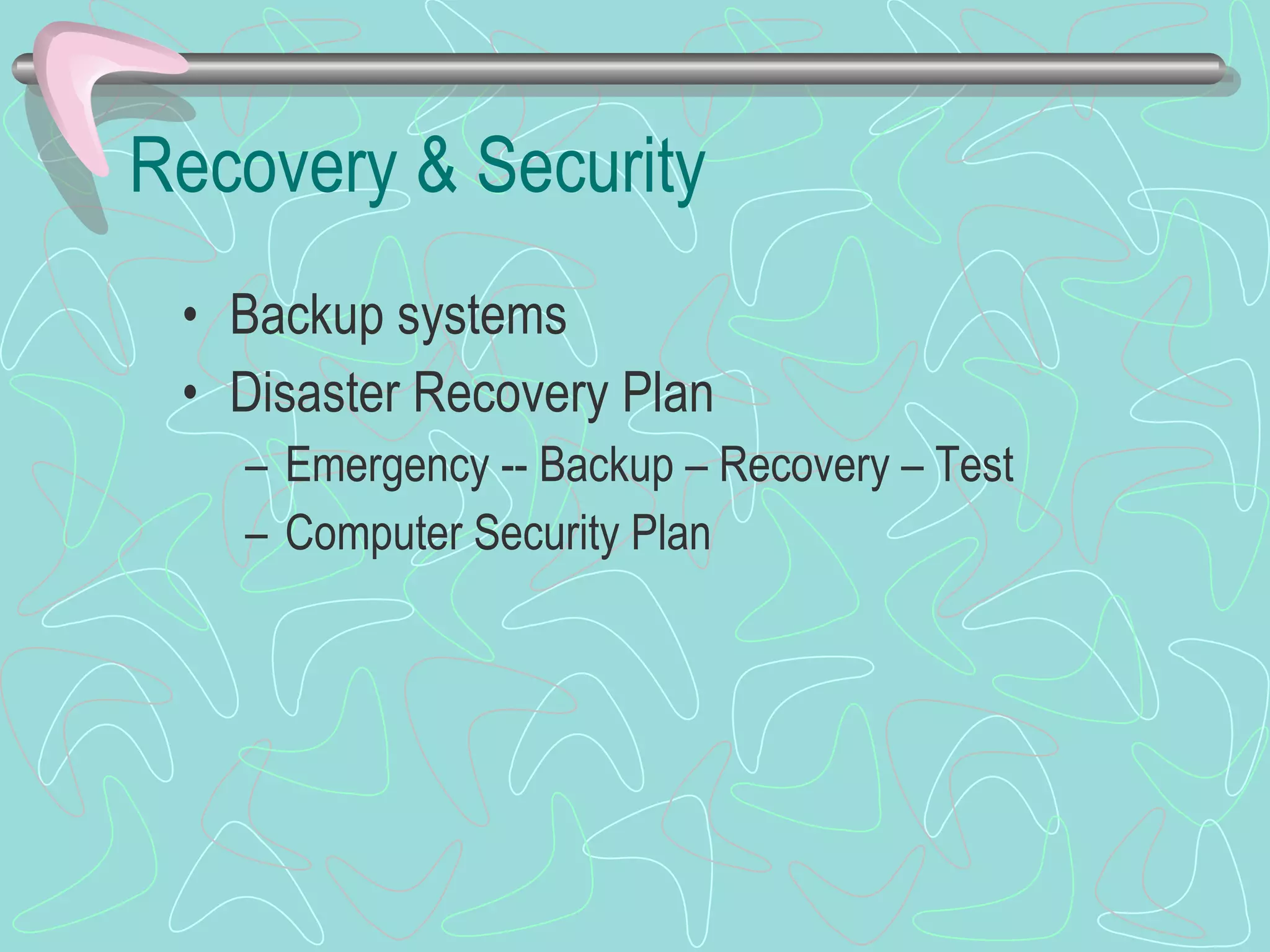 Recovery & Security Backup systems Disaster Recovery Plan  Emergency -- Backup – Recovery – Test  Computer Security Plan 