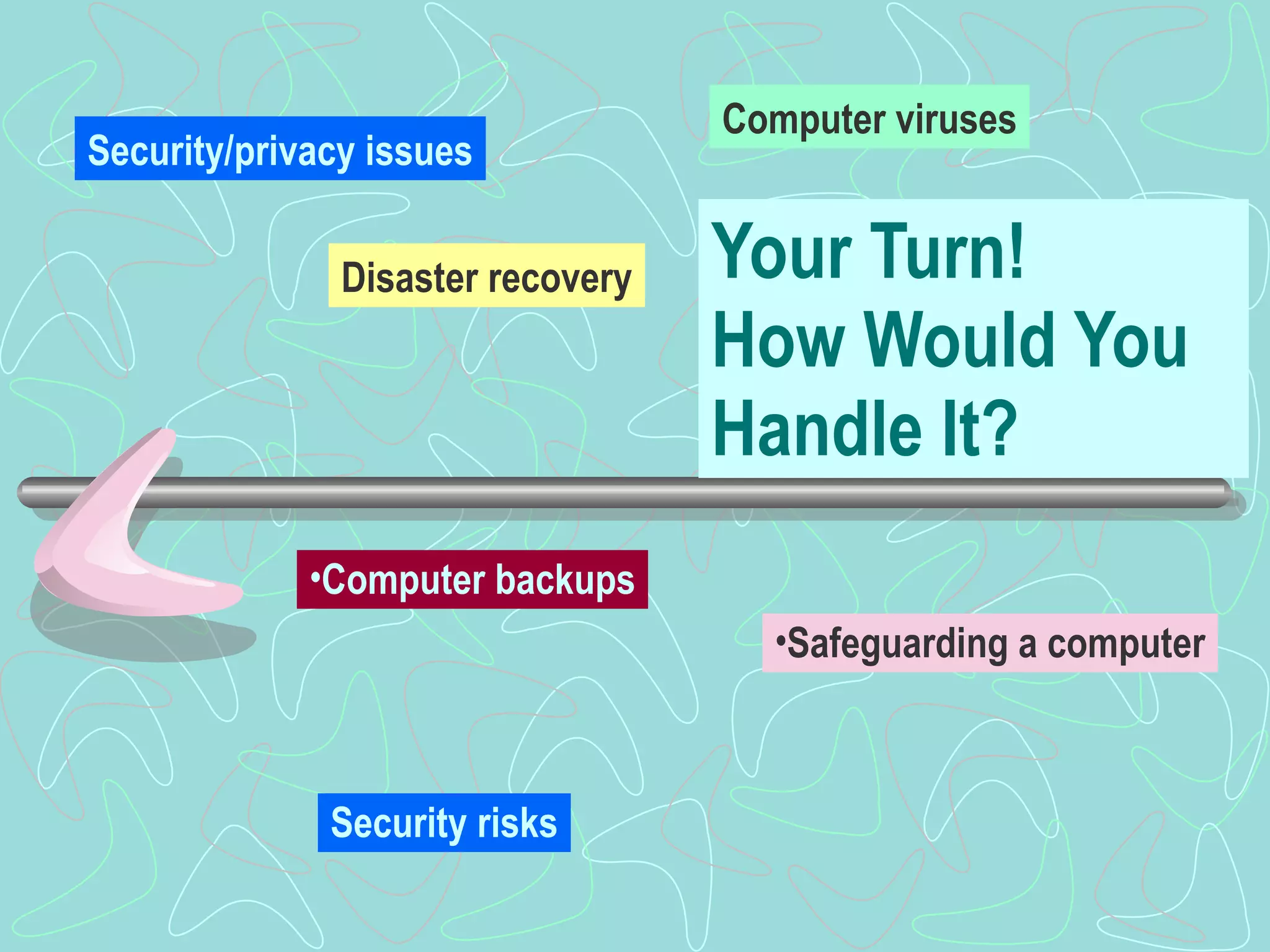 Your Turn!  How Would You Handle It? Security risks Safeguarding a computer Computer viruses Computer backups Disaster recovery Security/privacy issues 