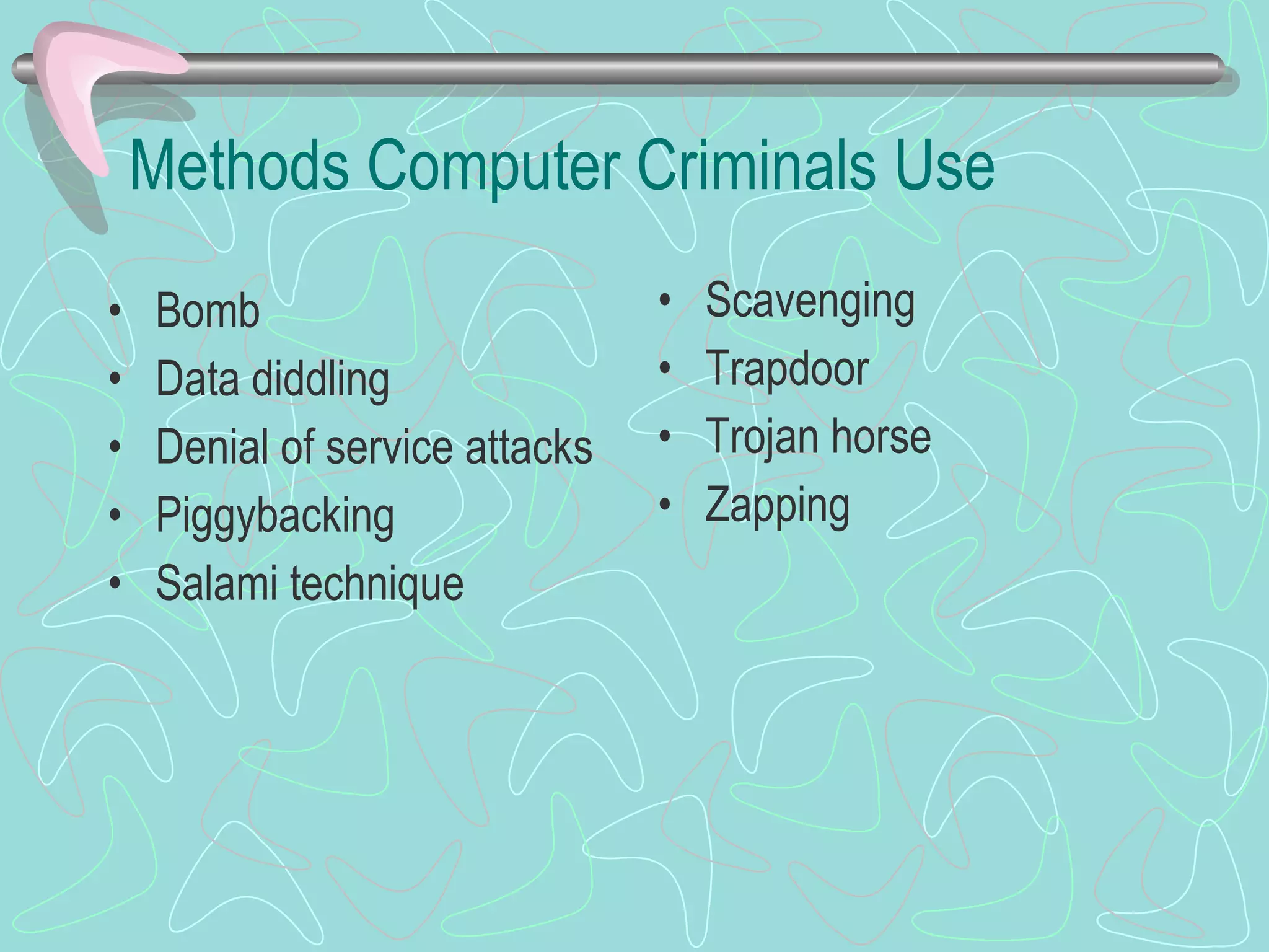 Methods Computer Criminals Use Bomb Data diddling Denial of service attacks Piggybacking Salami technique Scavenging Trapdoor Trojan horse Zapping 
