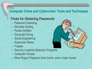 Computer Crime and Cybercrime: Tools and Techniques Tricks for Obtaining Passwords Password Guessing Shoulder Surfing Packet Sniffers Dumpster Diving Social Engineering  Superuser Status Forgery Security Loophole Detection Programs Computer Viruses More Rogue Programs (time bomb, worm, trojan horse) 