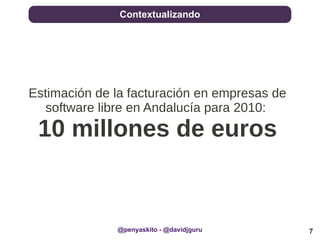 7
Contextualizando
@penyaskito - @davidjguru
Estimación de la facturación en empresas de
software libre en Andalucía para 2010:
10 millones de euros
 