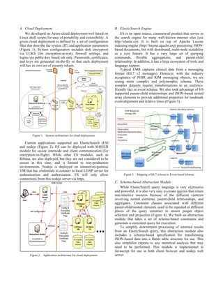 A. Cloud Deployment
We developed an Azure-cloud deployment tool based on
Linux shell scripts for ease of portability and extensibility. A
given cloud deployment is defined by a set of configuration
files that describe the system (IT) and application parameters
(Figure 1). System configuration includes disk encryption
via LUKS (for encryption-at-rest), firewall settings, and
logins via public-key based ssh only. Passwords, certificates,
and keys are generated on-the-fly so that each deployment
will has its own set of security tokens.
Figure 1. System architecture for cloud deployment.
Current applications supported are ElasticSearch (ES)
and nodejs (Figure 2). ES can be deployed with SHIELD
module for secure internode and client communication (for
encryption-in-flight). While other ES modules, such as
Kibana, are also deployed, but they are not considered to be
secure at this time, and is limited to non-production
environments. Nodejs is deployed on intranet/on-premise
VM that has credentials to connect to local LDAP server for
authentication and authorization. ES will only allow
connections from this nodejs server via https.
Figure 2. Application architecture for cloud deployment.
B. ElasticSearch Engine
ES is an open source, commercial product that serves as
the search engine for many well-known internet sites (see
http://elastic.co). It is built on top of Apache Lucene
indexing engine (http://lucene.apache.org) processing JSON-
based documents, but with distributed, multi-node scalability
as a core feature. It has a very large set of querying
commands, flexible aggregations, and parent-child
relationship. In addition, it has a large ecosystem of tools and
language support.
Typical EMR captures clinical data from a messaging
format (HL7 v2 messages). However, with the industry
acceptance of FHIR and RIM messaging objects, we are
seeing more complex and polymorphic schema. These
complex datasets require transformations to an analytics-
friendly fact or event schema. We also took advantage of ES
supported parent-child relationships and JSON-based nested
array elements to provide additional properties for landmark
event alignment and relative times (Figure 3).
Figure 3. Mapping of HL7 schema to Event-based schema.
C. Schema-based Abstraction Module
While ElasticSearch query language is very expressive
and powerful, it is also very easy to create queries that return
non-intuitive answers because of the different contexts
involving nested elements, parent-child relationships, and
aggregates. Constraint clauses associated with different
parent-child/nested elements need to be repeated at different
places of the query construct to ensure proper object
selection and projection (Figure 4). We built an abstraction
module that takes a set of schema-based constraints and
generates a consistent query for execution.
To simplify downstream processing of returned results
from an ElasticSearch query, this abstraction module also
includes a schema-based specification for transforming
JSON-based data into a flatter table structure for use. This
also simplifies exports to any statistical analysis that may
need to be performed. This module is implemented in
Javascript for use in both client browser and nodejs web
server.
Encrypted
Data
Volume
Azure
Firewall
Azure Cloud Environment
Corporate
VPN
Gateway
Azure
VPN
Gateway
Cloud Nodes
Cloud-based
VMs
Cloud Nodes
Cloud-based
VMs
Internet
Encrypted
Traffic
SSL
encrypted
packets
LUKS
encrypted
blocks
Azure
Portal
Deployment Node/s
Linux/shell or
Windows/powershell
Secure RESTful
Azure Commands
and Response
Azure
Deployments
Intranet Environment
Corporate
Firewall
SSH Multi-Factor
Authentication
Config
Files
Restricted
Permissions
SSH
for nodes
Deployed Assets
Firewall
Encrypted
Data
Volume
Deployment
Data, Keys,
Passwords
Deployment Node/s
Linux/shell or
Windows/powershell
https
User
ES Slave
VM
Encrypted
Data
Volume
ES Slave
VM
Encrypted
Data
Volume
ES Master
VM
Encrypted
Data
Volume
...
ES Master
VM
Encrypted
Data
Volume
LDAP
Nodejs
VM
Config &
Encrypted
Certificate
Files
Config &
Enscrypted
Certificate
Files
VPN Tunnel
ssh/scp
https
https
ssh configuration
Pa#ent
Event
Rela#ve+
Time
Ref+
Event
Document
RefDef
Parent/Child/Rou#ng
Id
source
value
Name
first
last
BirthDate
Gender
Race
…
AttributesClass
Id
source
value
Type
ClinDate
Display
Observation
value
Order
…
Id
source
value
RefEvent
RelTime
…
Id
source
value
RefDef
…
Id
source
value
Display
EventType
EventTime
PatientQual
…
contains
is;acontains
contains
generates
generates
Pa#ent;Like;Mine+Schema
FHIR+Resources+
(mongo+DB)
Observa#on+
Medica#onAdministra#on+
Encounter+
Order+
Procedure+
…
Pa#ent
Document FHIR;based+
Mongo2ES+
Mapper
RDBMS
SQL;based+
Mapper
RIM;based+
repository
RIM;based+
Mapper
Legend:
 