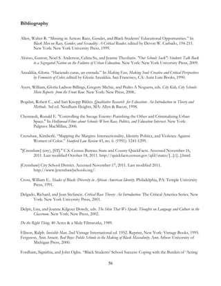 56
Bibliography
Allen, Walter R. “Missing in Action: Race, Gender, and Black Students’ Educational Opportunities.” In
Black Men on Race, Gender, and Sexuality: A Critical Reader, edited by Devon W. Carbado, 194-211.
New York: New York University Press, 1999.
Alonso, Gaston, Noel S. Anderson, Celina Su, and Jeanne Theoharis. "Our Schools Suck": Students Talk Back
to a Segregated Nation on the Failures of Urban Education. New York: New York University Press, 2009.
Anzaldúa, Gloria. “Haciendo caras, un entrada.” In Making Face, Making Soul: Creative and Critical Perspectives
by Feminists of Color, edited by Gloria Anzaldúa. San Francisco, CA: Aunt Lute Books, 1990.
Ayers, William, Gloria Ladson-Billings, Gregory Michie, and Pedro A Noguera, eds. City Kids, City Schools:
More Reports from the Front Row. New York: New Press, 2008..
Bogdan, Robert C., and Sari Knopp Biklen. Qualitative Research for Education: An Introduction in Theory and
Methods. 3rd ed. Needham Heights, MA: Allyn & Bacon, 1998.
Chennault, Ronald E. "Controlling the Savage Enemy: Punishing the Other and Criminalizing Urban
Space." In Hollywood Films about Schools: Where Race, Politics, and Education Intersect. New York:
Palgrave MacMillan, 2006.
Crenshaw, Kimberlé. “Mapping the Margins: Intersectionality, Identity Politics, and Violence Against
Women of Color.” Stanford Law Review 43, no. 6. (1991): 1241-1299.
"[Crenshaw] (city), [ST]." U.S. Census Bureau: State and County QuickFacts. Accessed November 16,
2011. Last modified October 18, 2011. http://quickfacts.census.gov/qfd/states/[...]/[...].html.
[Crenshaw] City School District. Accessed November 17, 2011. Last modified 2011.
http://www.[crenshaw]schools.org/.
Cross, William E.. Shades of Black: Diversity in African American Identity. Philadelphia, PA: Temple University
Press, 1991.
Delgado, Richard, and Jean Stefancic. Critical Race Theory: An Introduction. The Critical America Series. New
York: New York University Press, 2001.
Delpit, Lisa, and Joanne Kilgour Dowdy, eds. The Skin That We Speak: Thoughts on Language and Culture in the
Classroom. New York: New Press, 2002.
Do the Right Thing. 40 Acres & a Mule Filmworks, 1989.
Ellison, Ralph. Invisible Man. 2nd Vintage International ed. 1952. Reprint, New York: Vintage Books, 1995.
Ferguson, Ann Arnett. Bad Boys: Public Schools in the Making of Black Masculinity. Ann Arbor: University of
Michigan Press, 2000.
Fordham, Signithia, and John Ogbu. “Black Students’ School Success: Coping with the Burden of ‘Acting
 
