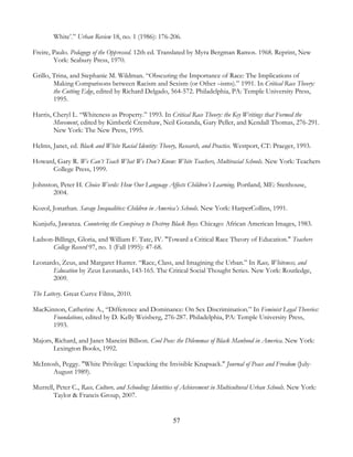 57
White’.” Urban Review 18, no. 1 (1986): 176-206.
Freire, Paulo. Pedagogy of the Oppressed. 12th ed. Translated by Myra Bergman Ramos. 1968. Reprint, New
York: Seabury Press, 1970.
Grillo, Trina, and Stephanie M. Wildman. “Obscuring the Importance of Race: The Implications of
Making Comparisons between Racism and Sexism (or Other –isms).” 1991. In Critical Race Theory:
the Cutting Edge, edited by Richard Delgado, 564-572. Philadelphia, PA: Temple University Press,
1995.
Harris, Cheryl I.. “Whiteness as Property.” 1993. In Critical Race Theory: the Key Writings that Formed the
Movement, edited by Kimberlé Crenshaw, Neil Gotanda, Gary Peller, and Kendall Thomas, 276-291.
New York: The New Press, 1995.
Helms, Janet, ed. Black and White Racial Identity: Theory, Research, and Practice. Westport, CT: Praeger, 1993.
Howard, Gary R. We Can’t Teach What We Don’t Know: White Teachers, Multiracial Schools. New York: Teachers
College Press, 1999.
Johnston, Peter H. Choice Words: How Our Language Affects Children’s Learning. Portland, ME: Stenhouse,
2004.
Kozol, Jonathan. Savage Inequalities: Children in America’s Schools. New York: HarperCollins, 1991.
Kunjufu, Jawanza. Countering the Conspiracy to Destroy Black Boys. Chicago: African American Images, 1983.
Ladson-Billings, Gloria, and William F. Tate, IV. "Toward a Critical Race Theory of Education." Teachers
College Record 97, no. 1 (Fall 1995): 47-68.
Leonardo, Zeus, and Margaret Hunter. “Race, Class, and Imagining the Urban.” In Race, Whiteness, and
Education by Zeus Leonardo, 143-165. The Critical Social Thought Series. New York: Routledge,
2009.
The Lottery. Great Curve Films, 2010.
MacKinnon, Catherine A., “Difference and Dominance: On Sex Discrimination.” In Feminist Legal Theories:
Foundations, edited by D. Kelly Weisberg, 276-287. Philadelphia, PA: Temple University Press,
1993.
Majors, Richard, and Janet Mancini Billson. Cool Pose: the Dilemmas of Black Manhood in America. New York:
Lexington Books, 1992.
McIntosh, Peggy. "White Privilege: Unpacking the Invisible Knapsack." Journal of Peace and Freedom (July-
August 1989).
Murrell, Peter C., Race, Culture, and Schooling: Identities of Achievement in Multicultural Urban Schools. New York:
Taylor & Francis Group, 2007.
 