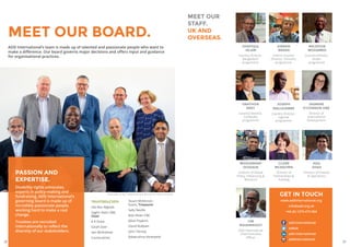 28 29
TIM
WAINWRIGHT
ADD International
Chief Executive
Officer
MEET OUR
STAFF.
UK AND
OVERSEAS.
ADIL
SHAH
Director of Finance
 Operations
MOSHARRAF
HOSSAIN
Director of Global
Policy, Influencing 
Research
JASMINE
O’CONNOR OBE
Director of
International
Development
CLARE
MCKEOWN
Director of
Partnerships 
Funding
SHAFIQUL
ISLAM
Country Director,
Bangladesh
programme
KIERAN
BREEN
Interim Country
Director, Tanzania
programme
MAJZOUB
MOHAMED
Country Director,
Sudan
programme
VANTHON
SREY
Country Director,
Cambodia
programme
JOSEPH
WALUGEMBE
Country Director,
Uganda
programme
PASSION AND
EXPERTISE.
Disability rights advocates,
experts in policy-making and
fundraising, ADD International’s
governing board is made up of
incredibly passionate people,
working hard to make a real
change.
Trustees are recruited
internationally to reflect the
diversity of our stakeholders.
MEET OUR BOARD.
ADD International’s team is made up of talented and passionate people who want to
make a difference. Our board governs major decisions and offers input and guidance
for organisational practices.
TRUSTEES//2015
Ola Abu Alghaib
Saghir Alam OBE,
Chair
A K Dube
Sarah Dyer
Iain McAndrew
Louise James
Stuart McKinnon-
Evans, Treasurer
Sally Neville
Bob Niven CBE
Jillian Popkins
David Ruebain
John Tierney
Balakrishna Venkatesh
Photo taken at the Trustee meeting in May 2015 in Frome, Somerset
GET IN TOUCH
www.addinternational.org
Info@add.org.uk
+44 (0) 1373 473 064
add.international
adduk
add-international
addinternational
 