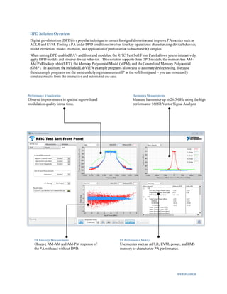 www.ni.com/pa
DPD SolutionOverview
Digital pre-distortion (DPD) is a popular technique to correct for signal distortion and improve PA metrics such as
ACLR and EVM. Testing a PA under DPD conditions involves four key operations: characterizing device behavior,
model extraction, model inversion,and applicationof predistortion to baseband IQ samples.
When testing DPD enabled PA’s and front end modules, the RFIC Test Soft FrontPanel allows youto interactively
apply DPD models and observe device behavior. This solution supportsthree DPD models,the memoryless AM-
AM/PM lookup table (LUT), the Memory Polynomial Model (MPM), and the Generalized Memory Polynomial
(GMP). In addition, the included LabVIEW example programs allow you to automate device testing. Because
these example programs use the same underlying measurement IP as the soft front panel – you can more easily
correlate results from the interactive and automated use case.
Performance Visualization
Observe improvements in spectral regrowth and
modulation quality inreal time.
PA Linearity Measurements
Observe AM-AM and AM-PM response of
the PA with and without DPD.
PA Performance Metrics
Use metrics such as ACLR, EVM, power, and RMS
memory to characterize PA performance.
Harmonics Measurements
Measure harmonics up to 26.5 GHz using the high
performance 5668R Vector Signal Analyzer
 
