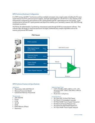 www.ni.com/pa
DPD SolutionHardware Configuration
For DPD testing, the RFIC Test Systemcombines multiple instruments into a single system including the NI vector
signal transceiver (VST), precision power supplies, and high speed digital I/O. The NI VST is a key element of the
measurement configuration and combines an RF signal generator and RF signal analyzer into one module. Tight
synchronization between RF signal generator and acquisition enables you to accurately measure AM-AM/PMusing
modulated waveforms.
NI PXI has the added benefit of accelerating measurement speed through NI-RFmx measurement software. This
software takes advantage of multicore processors for highly mathematicallycomplex algorithmssuch as the
memory polynomial DPD model.
DPD SolutionFeatures &Specifications
DPD Models
• Memoryless AM-AM/PMLUT
• Memory Polynomial Model
• Generalized Memory Polynomial
Measurements
• AM-AM/PM
• Power
• EVM
• ACLR
• SEM
• RMS Memory (Phase)
• Harmonics
Supported Signal Types
• UMTS (WCDMA, HSPA, HSPA+), LTE / LTE-
Advanced, GSM / EDGE, TDSCDMA, CDMA2k
and EVDO
• WLAN 802.11a/b/g/h/n/ac
Included Products
• NI PXIe-1085 18-Slot PXI Chassis
• NI PXIe-8135 Embedded Controller
• NI PXIe-5646R Vector Signal Transceiver
• NI PXIe-4139 Source Measure Unit
• NI PXIe-6556 High Speed Digital I/O
• NI PXIe-5668R Vector Signal Analyzer
Vector Signal
Transceiver
PXI Chassis
MIPI RFFE ControlHigh Speed Digital
I/O & PPMU
Digital
I/O
Precision Source
Measure Unit
DCout
PA
Stimulus
Response
Vector Signal Analyzer
PXI Controller
RFin
RFout
 