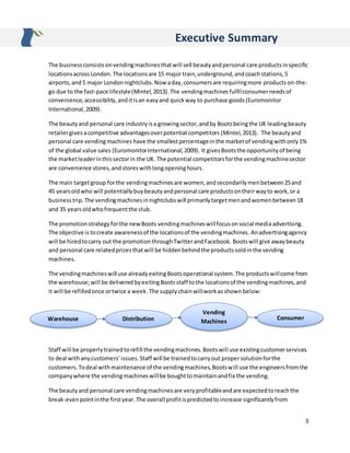 3
Executive Summary
The businessconsists onvendingmachinesthatwill sell beautyandpersonal care productsinspecific
locationsacrossLondon.The locationsare 15 major train,underground,andcoachstations,5
airports,and5 major Londonnightclubs.Now aday,consumersare requiringmore productson-the-
go due to the fast-pace lifestyle(Mintel,2013).The vendingmachines fulfilconsumerneedsof
convenience,accessibility,anditisan easyand quickway to purchase goods(Euromonitor
International,2009).
The beautyand personal care industryisa growingsector,andby Bootsbeingthe UK leadingbeauty
retailergivesacompetitive advantagesoverpotential competitors (Mintel,2013). The beautyand
personal care vendingmachines have the smallestpercentagein the marketof vendingwithonly1%
of the global value sales (EuromonitorInternational,2009). It givesBootsthe opportunityof being
the marketleaderinthissectorin the UK. The potential competitorsforthe vendingmachinesector
are convenience stores,andstoreswithlongopeninghours.
The main targetgroup forthe vendingmachinesare women,andsecondarilymenbetween25and
45 yearsoldwho will potentiallybuybeautyandpersonal care productsontheirwayto work,or a
businesstrip.The vendingmachinesinnightclubswill primarilytargetmenandwomenbetween18
and 35 yearsoldwhofrequentthe club.
The promotionstrategyforthe newBoots vendingmachineswillfocusonsocial mediaadvertising.
The objective is tocreate awarenessof the locationsof the vendingmachines. Anadvertisingagency
will be hiredtocarry out the promotionthroughTwitterandFacebook. Bootswill give awaybeauty
and personal care relatedprizesthatwill be hiddenbehindthe productssoldinthe vending
machines.
The vendingmachineswill use alreadyexitingBootsoperational system.The productswillcome from
the warehouse;will be deliveredbyexitingBootsstaff tothe locationsof the vendingmachines,and
it will be refilledonce ortwice a week.The supplychainwillworkas shown below:
Staff will be properlytrainedtorefill the vendingmachines.Bootswill use existingcustomerservices
to deal withanycustomers’issues.Staff will be trainedtocarryout propersolutionforthe
customers.Todeal withmaintenance of the vendingmachines,Bootswill use the engineersfromthe
companywhere the vendingmachineswillbe boughttomaintainandfix the vending.
The beautyand personal care vendingmachinesare veryprofitableandare expectedtoreachthe
break-evenpointinthe firstyear. The overall profitispredictedtoincrease significantlyfrom
Warehouse Distribution
Vending
Machines
Consumer
 