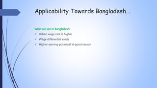 Applicability Towards Bangladesh…
What we see in Bangladesh:
 Urban wage rate is higher
 Wage differential exists
 Higher earning potential: A good reason
 