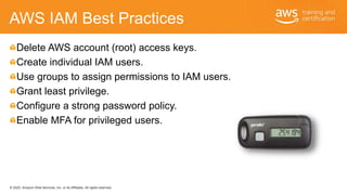 © 2020, Amazon Web Services, Inc. or its Affiliates. All rights reserved.
AWS IAM Best Practices
Delete AWS account (root)...
