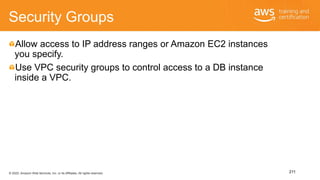 © 2020, Amazon Web Services, Inc. or its Affiliates. All rights reserved.
Security Groups
Allow access to IP address range...