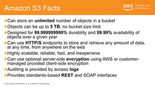 © 2020, Amazon Web Services, Inc. or its Affiliates. All rights reserved.
Amazon S3 Facts
Can store an unlimited number of...