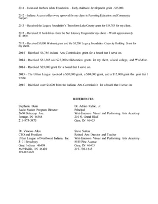 2011 – Dean and Barbara White Foundation – Early childhood development grant - $15,000.
2012 – Indiana Access to Recovery approval for my client in Parenting Education and Community
Support.
2013 – Received the Legacy Foundation’s Transform Lake County grant for $14,783 for my client.
2013 – Received 31 hard drives from the Net Literacy Program for my client – Worth approximately
$31,000.
2013 – Received $1,000 Walmart grant and the $1,200 Legacy Foundation Capacity Building Grant for
my client.
2014 – Received $4,785 Indiana Arts Commission grant for a board that I serve on.
2014 – Received $61,685 and $25,000 collaboration grants for my client, a local college, and WorkOne.
2014 – Received $25,000 grant for a board that I serve on.
2015 – The Urban League received a $20,000 grant, a $10,000 grant, and a $15,000 grant this year that I
wrote.
2015 – Received over $4,600 from the Indiana Arts Commission for a board that I serve on.
REFERENCES:
Stephanie Dunn Dr. Adrian Richie, Jr.
Radio Station Program Director Principal
5660 Buttercup Ave. Wirt-Emerson Visual and Performing Arts Academy
Portage, IN 46368 210 N. Grand Blvd.
219-973-3873 Gary, IN 46403
Dr. Vanessa Allen Steve Sutton
CEO and President Retired Arts Director and Teacher
Urban League of Northwest Indiana, Inc. Wirt-Emerson Visual and Performing Arts Academy
3101 Broadway 8545 Pine Avenue
Gary, Indiana 46409 Gary, IN 46403
Merrillville, IN 46410 219-730-1843
219-887-9621
 