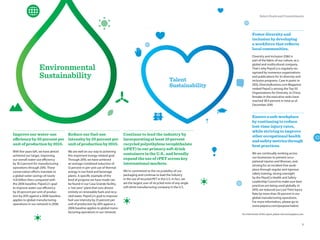 Continue to lead the industry by
incorporating at least 10 percent
recycled polyethylene terephthalate
(rPET) in our primary soft drink
containers in the U.S., and broadly
expand the use of rPET across key
international markets.
We’re committed to the recyclability of our
packaging and continue to lead the industry
in the use of recycled PET in the U.S. In fact, we
are the largest user of recycled resin of any single
soft drink manufacturing company in the U.S.
Improve our water-use
efficiency by 20 percent per
unit of production by 2015.
With five years left, we have almost
achieved our target, improving
our overall water-use efficiency
by 18.3 percent for manufacturing
operations through 2010. These
conservation efforts translate to
a global water savings of nearly
13.8 billion liters compared with
the 2006 baseline. PepsiCo’s goal
to improve water-use efficiency
by 20 percent per unit of produc-
tion by 2015 against a 2006 baseline
applies to global manufacturing
operations in our network in 2006.
Reduce our fuel-use
intensity by 25 percent per
unit of production by 2015.
We are well on our way to achieving
this important energy-related goal.
Through 2010, we have achieved
an average combined reduction of
12 percent in per-unit use of thermal
energy in our food and beverage
plants. A specific example of the
kind of progress we have made can
be found in our Casa Grande facility,
a “net zero” plant that runs almost
entirely on renewable fuels and recy-
cled water. PepsiCo’s goal to improve
fuel-use intensity by 25 percent per
unit of production by 2015 against a
2006 baseline applies to global manu-
facturing operations in our network.
Foster diversity and
inclusion by developing
a workforce that reﬂects
local communities.
Diversity and inclusion (D&I) is
part of the fabric of our culture, as a
global and multicultural company.
That’s why PepsiCo is regularly rec-
ognized by numerous organizations
and publications for its diversity and
inclusion programs. Case in point: in
2010, DiversityBusiness.com Magazine
ranked PepsiCo among the Top 50
Organizations for Diversity. In China,
females in the executive ranks have
reached 38.9 percent in total as of
December 2010.
Ensure a safe workplace
by continuing to reduce
lost-time injury rates,
while striving to improve
otheroccupationalhealth
andsafetymetricsthrough
best practices.
We are continually working across
our businesses to prevent occu-
pational injuries and illnesses, and
striving for an incident-free work-
place through regular and rigorous
safety training, strong oversight
by the PepsiCo Health and Safety
Leadership Council to make sure best
practices are being used globally. In
2010, we reduced our Lost-Time Injury
Rate by more than 30 percent in our
global manufacturing operations.
For more information, please go to
www.pepsico.com/purpose/talent.
For a full version of this report, please visit www.pepsico.com.
9
Select Goals and Commitments
 
