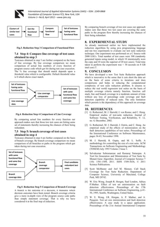International Journal of Applied Information Systems (IJAIS) – ISSN : 2249-0868
Foundation of Computer Science FCS, New York, USA
Volume 1– No.8, April 2012 – www.ijais.org
10
7.4 Step 4: Compare line coverage of test cases
obtained in step 3
Testcases obtained in step 3 are further compared on the basis
of line coverage. By line coverage comparison we mean
comparison of actual line numbers of every function of
program source code which got hit during test case execution.
The % line coverage that should match depends upon a
threshold value which is configurable. Default threshold value
is 0 which shows exact match.
By comparing actual line numbers for every function our
approach makes sure that those two test cases are hitting same
set of statements thereby increasing the chances of their being
redundant.
7.5 Step 5: branch coverage of test cases
obtained in step 4
Testcases obtained in step 4 are further compared on the basis
of branch coverage. By branch coverage comparison we mean
comparison of all branches or paths in the program which got
taken during test case execution.
A branch is the outcome of a decision, it measures which
decision outcomes have been tested. Branch coverage criteria
give a more in-depth view of the program source code paths
than simple statement coverage. That is why we have
considered it at the final step of reduction.
By comparing branch coverage of two test cases our approach
makes sure that those two test cases are covering the same
paths in the program flow thereby increasing the chances of
their being redundant.
8. EXPERIMENTAL STUDY
As already mentioned earlier we have implemented the
reduction algorithms by using java programming language
and ran two experiments to evaluate our test suite reduction
technique. Our experiment was performed on a C Source with
2000 LOCs. Total number of test cases were 300 (randomly
generated inputs using model, in which 10 intentionally were
the copy and 10 were the superset of 20 text cases). Total time
taken to perform the experiment was < 30 seconds on 8 GB
intel core i7.
9. CONCLUSION
We have developed a new Test Suite Reduction approach
which is innovative in the sense that it cuts short the data set
on the basis of some criteria in iterations and does
comparisons and helps in reducing the computational
complexity of test suite reduction problem. It ensures to
reduce the real world regression test suites on the basis of
multiple coverage criteria namely function, function call
stack, line and branch coverage in a moderate amount of time
without any loss of percentage code coverage and fault
detection capability of reduced suite. The only limitation
which persists is the dependency of this approach on coverage
data.
10. REFERENCES
[1] G. Rothermel, M. J. Harrold, J. von Ronne, and C. Hong.
Empirical studies of test-suite reduction. Journal of
Software Testing, Verification, and Reliability, V. 12,
no. 4, December, 2002.
[2] G. Rothermel, M. J. Harrold, J. Ostrin, and C. Hong. An
empirical study of the effects of minimization on the
fault detection capabilities of test suites. Proceedings of
the International Conference on Software Maintenance,
pages 34-43, November 1998.
[3] M. J. Harrold, R. Gupta, and M. L. Soffa. A
methodology for controlling the size of a test suite. ACM
Transactions on Software Engineering and Methodology
(TOSEM) July 1993 Volume 2 Issue 3.
[4] Selvakumar Subramanian and Ramaraj Natarajan. A
Tool for Generation and Minimization of Test Suite by
Mutant Gene Algorithm. Journal of Computer Science 7
(10): 1581-1589, 2011. ISSN 1549-3636, © 2011
Science Publications.
[5] Scott McMaster and Atif M. Memon. Call Stack
Coverage for Test Suite Reduction. Department of
Computer Science, University of Maryland, College
Park, MD 20742.
[6] W. Eric Wong, Joseph R. Horgan, Saul London, Aditya
P.Mathur. Effect of test set minimization on fault
detection effectiveness. Proceedings of the 17th
International Conference on Software Engineering, p.41-
50, 1995, Seattle, Washington, United States.
[7] W. E. Wong, J.R. Horgan, A. P. Mathur, and A.
Pasquini. Test set size minimization and fault detection
effectiveness: A case study in a space application.
Proceedings of the 21st Annual International Computer
Clusters of
similar test
cases
Get the
functional
flow
Compare
functional
flow
Set of testcases
having same
functional flow
Fig.3. Reduction Step 3 Comparison of Functional Flow
Set of testcases
having same
functional flow
Line coverage
data
Line coverage
comparator
Set of testcases
with same
functional flow
and same line
coverage
Fig.4. Reduction Step 4 Comparison of Line Coverage
Set of testcases
with same
functional flow
and same line
coverage
Branch
coverage data
Branch
coverage
comparator
Final candidate
redundant test
cases
Fig.5. Reduction Step 5 Comparison of Branch Coverage
 
