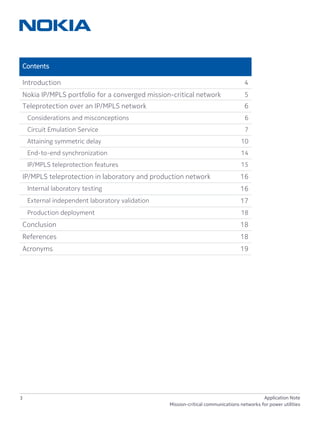 3 Application Note
Mission-critical communications networks for power utilities
Contents
Introduction 4
Nokia IP/MPLS portfolio for a converged mission-critical network 5
Teleprotection over an IP/MPLS network 6
Considerations and misconceptions 6
Circuit Emulation Service 7
Attaining symmetric delay 10
End-to-end synchronization 14
IP/MPLS teleprotection features 15
IP/MPLS teleprotection in laboratory and production network 16
Internal laboratory testing 16
External independent laboratory validation 17
Production deployment 18
Conclusion 18
References 18
Acronyms 19
 