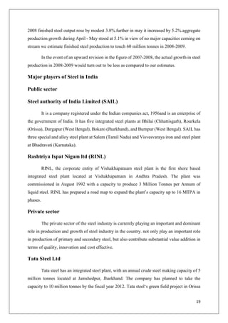 19
2008 finished steel output rose by modest 3.8%.further in may it increased by 5.2%.aggregate
production growth during April - May stood at 5.1% in view of no major capacities coming on
stream we estimate finished steel production to touch 60 million tonnes in 2008-2009.
In the event of an upward revision in the figure of 2007-2008, the actual growth in steel
production in 2008-2009 would turn out to be less as compared to our estimates.
Major players of Steel in India
Public sector
Steel authority of India Limited (SAIL)
It is a company registered under the Indian companies act, 1956and is an enterprise of
the government of India. It has five integrated steel plants at Bhilai (Chhattisgarh), Rourkela
(Orissa), Durgapur (West Bengal), Bokaro (Jharkhand), and Burnpur (West Bengal). SAIL has
three special and alloy steel plant at Salem (Tamil Nadu) and Visvesvaraya iron and steel plant
at Bhadravati (Karnataka).
Rashtriya Ispat Nigam ltd (RINL)
RINL, the corporate entity of Vishakhapatnam steel plant is the first shore based
integrated steel plant located at Vishakhapatnam in Andhra Pradesh. The plant was
commissioned in August 1992 with a capacity to produce 3 Million Tonnes per Annum of
liquid steel. RINL has prepared a road map to expand the plant’s capacity up to 16 MTPA in
phases.
Private sector
The private sector of the steel industry is currently playing an important and dominant
role in production and growth of steel industry in the country. not only play an important role
in production of primary and secondary steel, but also contribute substantial value addition in
terms of quality, innovation and cost effective.
Tata Steel Ltd
Tata steel has an integrated steel plant, with an annual crude steel making capacity of 5
million tonnes located at Jamshedpur, Jharkhand. The company has planned to take the
capacity to 10 million tonnes by the fiscal year 2012. Tata steel‘s green field project in Orissa
 