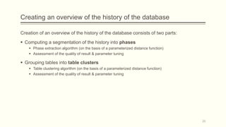 Creating an overview of the history of the database
Creation of an overview of the history of the database consists of two parts:
 Computing a segmentation of the history into phases
 Phase extraction algorithm (on the basis of a parameterized distance function)
 Assessment of the quality of result & parameter tuning
 Grouping tables into table clusters
 Table clustering algorithm (on the basis of a parameterized distance function)
 Assessment of the quality of result & parameter tuning
20
 