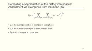 Computing a segmentation of the history into phases:
Assessment via divergence from the mean (1/3)
𝐸 𝑝𝑛 =
∀𝑝ℎ𝑎𝑠𝑒 𝑝ℎ 𝑖 ∀𝑒𝑣𝑒𝑛𝑡 𝑒 𝑗 ∈𝑝ℎ 𝑖
𝜇𝑖 − 𝑒𝑗
𝑝
1
𝑝
 μi is the average number of changes of each phase
 ej is the number of changes of each phase’s event
 Typically p is equal to one or two
24
 