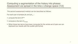 Computing a segmentation of the history into phases:
Assessment via spread in the time x change space (1/2)
The second assessment method can be described as follows:
For each pair of phases phi and phi+1 :
 compute the term δtime
 compute is the term δchange
 When these two terms have been computed for the whole set of pairs we can
represent our results with the scatter plot format.
27
 