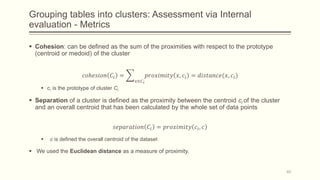 Grouping tables into clusters: Assessment via Internal
evaluation - Metrics
 Cohesion: can be defined as the sum of the proximities with respect to the prototype
(centroid or medoid) of the cluster
𝑐𝑜ℎ𝑒𝑠𝑖𝑜𝑛 𝐶𝑖 =
𝑥∈𝐶 𝑖
𝑝𝑟𝑜𝑥𝑖𝑚𝑖𝑡𝑦 𝑥, 𝑐𝑖 = 𝑑𝑖𝑠𝑡𝑎𝑛𝑐𝑒(𝑥, 𝑐𝑖)
 ci is the prototype of cluster Ci
 Separation of a cluster is defined as the proximity between the centroid ci of the cluster
and an overall centroid that has been calculated by the whole set of data points
𝑠𝑒𝑝𝑎𝑟𝑎𝑡𝑖𝑜𝑛 𝐶𝑖 = 𝑝𝑟𝑜𝑥𝑖𝑚𝑖𝑡𝑦 𝑐𝑖, 𝑐
 c is defined the overall centroid of the dataset
 We used the Euclidean distance as a measure of proximity.
40
 