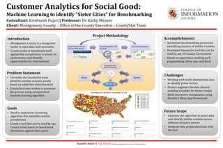 Project Methodology
Customer Analytics for Social Good:
Machine Learning to identify “Sister Cities” for Benchmarking
Consultant: Krishnesh Pujari | Professor: Dr. Kathy Weaver
Client: Montgomery County – Office of the County Executive – CountyStat Team
Introduction
• Montgomery County is a recognized
leader in open data and innovation
• County seeks to benchmark itself
against like jurisdictions to assess its
performance and identify
opportunities for improvement
Problem Statement
• Currently, the CountyStat team
identifies similar counties purely
based on subjective determination
• CountyStat team wishes to automate
the process using unsupervised
machine learning algorithm
Goals
• Need to implement clustering
algorithm that identifies similar
jurisdictions
• Create a tool that can be used by any
County Government to benchmark
themselves against their peers
Challenges
• Working with multi-dimensional data
to identify prime factors
• Feature engineer the data discard
masking variables for better results
• Build interactive visualization using
Rstudio’s Shiny App Framework
Accomplishments
• Automated benchmarking process by
identifying clusters of similar counties
• Developed Interactive tool that can be
used by any US County Government
• Hands on experience working on R
programming, Shiny App, and Excel
Future Scope
• Optimize the algorithm to factor data
and identify similar counties across
different industry sectors
• Integrate data preparation task with
the tool
United States Census
Bureau Data Source
Data Preparation and
Analysis
Data Transformation
Unsupervised K-
Means Clustering
Client Server
 
