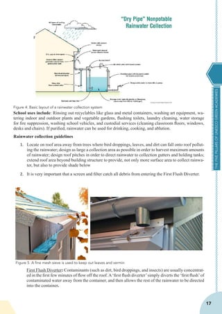 THEFIVEPILLARSOFUNESCOGREENACADEMIES
17
FIGURE 4
School uses include: Rinsing out recyclables like glass and metal containers, washing art equipment, wa-
tering indoor and outdoor plants and vegetable gardens, flushing toilets, laundry cleaning, water storage
for fire suppression, washing school vehicles, and custodial services (cleaning classroom floors, windows,
desks and chairs). If purified, rainwater can be used for drinking, cooking, and ablution.
Rainwater collection guidelines
1.	 Locate on roof area away from trees where bird droppings, leaves, and dirt can fall onto roof pollut-
ing the rainwater; design as large a collection area as possible in order to harvest maximum amounts
of rainwater; design roof pitches in order to direct rainwater to collection gutters and holding tanks;
extend roof area beyond building structure to provide, not only more surface area to collect rainwa-
ter, but also to provide shade below
2.	 It is very important that a screen and filter catch all debris from entering the First Flush Diverter.
First Flush Diverter: Contaminants (such as dirt, bird droppings, and insects) are usually concentrat-
ed in the first few minutes of flow off the roof. A ‘first flush diverter’simply diverts the ‘first flush’of
contaminated water away from the container, and then allows the rest of the rainwater to be directed
into the container.
Figure 4. Basic layout of a rainwater collection system
Figure 5. A fine mesh sieve is used to keep out leaves and vermin
 