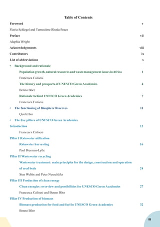 Table of Contents
Foreword v
Flavia Schlegel and Tumusiime Rhoda Peace
Preface vii
Alaphia Wright
Acknowledgements viii
Contributors ix
List of abbreviations x
•	 Background and rationale
Populationgrowth,naturalresourcesandwastemanagementissuesinAfrica 1
Francesca Calisesi
The history and prospects of UNESCO Green Academies 4
Benno Böer
Rationale behind UNESCO Green Academies 7
Francesca Calisesi
•	 The functioning of Biosphere Reserves 11
Qunli Han
•	 The five pillars of UNESCO Green Academies
Introduction 13
Francesca Calisesi
Pillar I Rainwater utilization
Rainwater harvesting 16
		 Paul Bierman-Lytle
Pillar II Wastewater recycling
Wastewater treatment: main principles for the design, construction and operation
of reed beds 24
Stan Wehbe and Peter Neuschäfer
Pillar III Production of clean energy
Clean energies: overview and possibilities for UNESCO Green Academies 27
Francesca Calisesi and Benno Böer
Pillar IV Production of biomass
Biomass production for food and fuel in UNESCO Green Academies 32
Benno Böer
iii
 