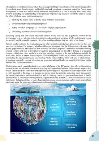 WASTEMANAGEMENT
51
where plastic waste has monetary value, thus giving profitable private enterprises the incentive required to
divert plastic waste from the streets and landfill sites back into plastics processing industries. Plastic waste
management is a new area and to wholly understand its dynamics, it is vital to initially direct some effort
towards expanding our understanding of the problem. The following measures need to be taken to reduce
the effect of plastic waste on the environment:
·	 Studying the current status of plastic waste problems and solutions
·	 Development of waste management profiles
·	 Public education campaigns via schools and religious organizations.
·	 Developing expertise towards waste management
Educating young men and women about the harm of plastic waste as well as potential solution to the
problem can be a key element in the transition towards sustainable societies. While youth (young people
between 15 and 24 years old) represent 18% of the world population, they are 100% of our future.
Schools can be platforms for practical education where students not only learn about waste, but they also
experience solutions. For instance, schools could set up segregated bins for different types of waste, like
plastic, paper and food. The waste can then be reused for several purposes. Food can be utilized for making
organic compost and used in the school’s vegetable garden; paper can be sold or donated to a recycling
company; plastic can either similarly be sent to a recycling company or be used as building material for
water tanks, toilets or rooms. In several parts of the world plastic bottles are a valuable building material,
substituting the classic concrete and sand mixture. Plastic bottles are filled either with sand or other inorgan-
ic trash and essentially become bricks that are strong as traditional bricks but more flexible, fitting tightly
together into a coherent structure.
Waste management, especially plastics, is a major challenge of the 21st
century that affects all countries,
even those that are advanced in terms of recycling and disposal mechanisms. Solutions and ways to deal
with it already exist and surely new and improved technologies will be developed in the near future. What
is really essential at this stage is to increase awareness about the potential harms that waste can cause to
the natural environment and human health as well as changing current perspectives about waste. It should
be considered as a resource with the potential to generate income. UNESCO Green Academies is a unique
opportunity that can contribute towards shaping conscious and sensitive young people who are aware of and
passionate about the importance of environmental sustainability.
Figure 25 Plastics decomposition time
 